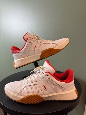 White Sneakers with Red Interior and Gum Sole